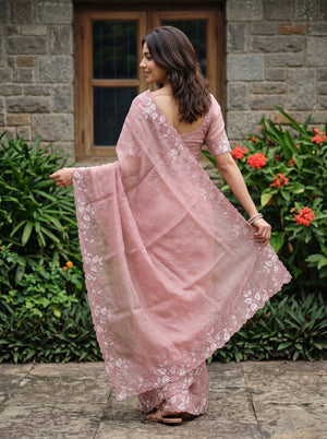 Organza Pink Saree with Sequin Embroidery and Scalloped Edge