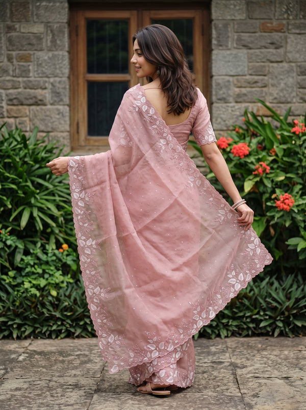 Organza Pink Saree with Sequin Embroidery and Scalloped Edge