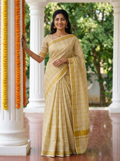 Tissue Cream Golden Checked Onam Special Kerala Saree