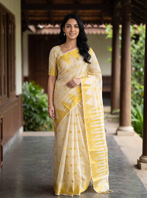 Tissue  Cream Golden Polka Dot Temple Border Onam Kerala Saree