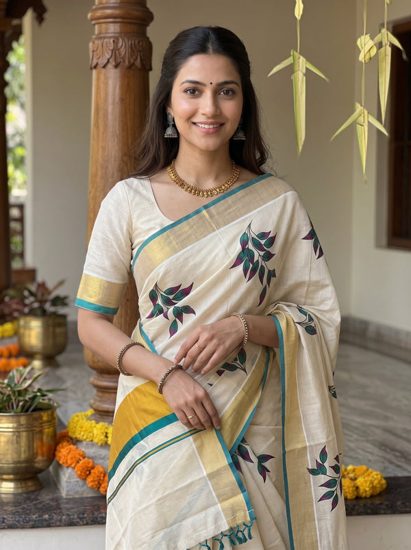 Tissue Cream Leaf Print Onam Special Kerala  Saree with Gold Teal Border