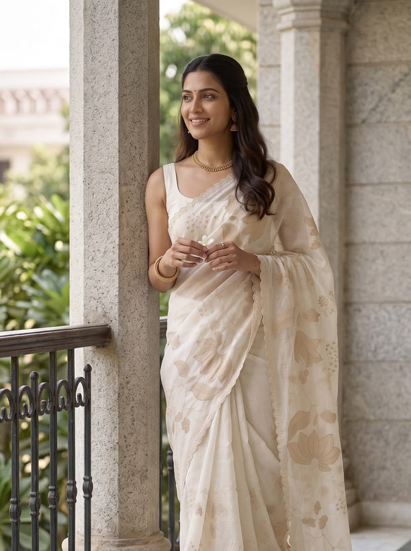 Pure Chanderi Off-White Saree with Embroidered Leaf Motif and Scalloped Border