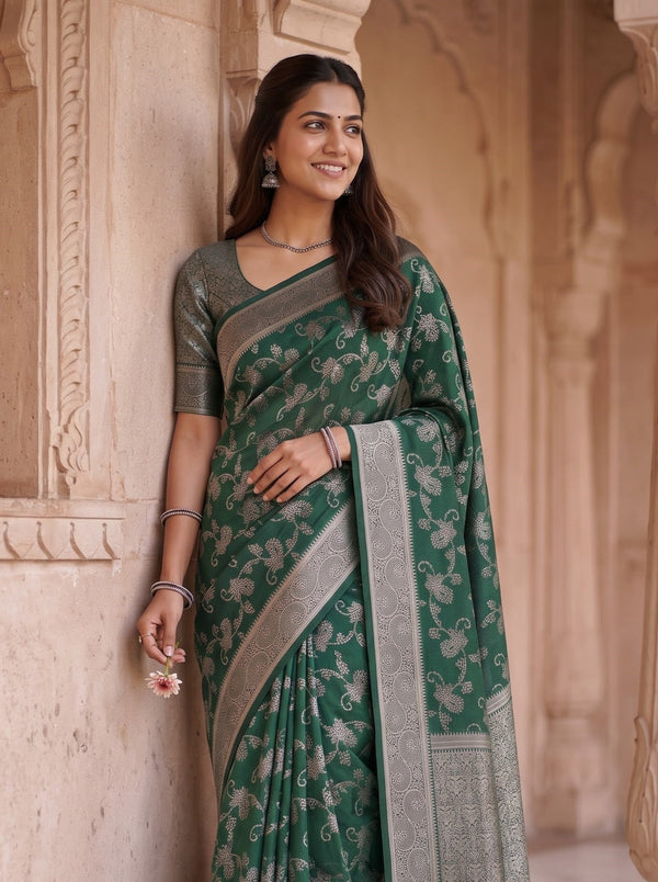 Semi Silk Bottle Green Saree with Zari Floral Vine Design