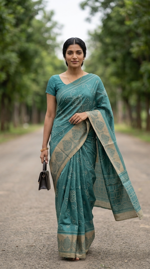 Woman in a teal saree walking on a path with greenery in the background
