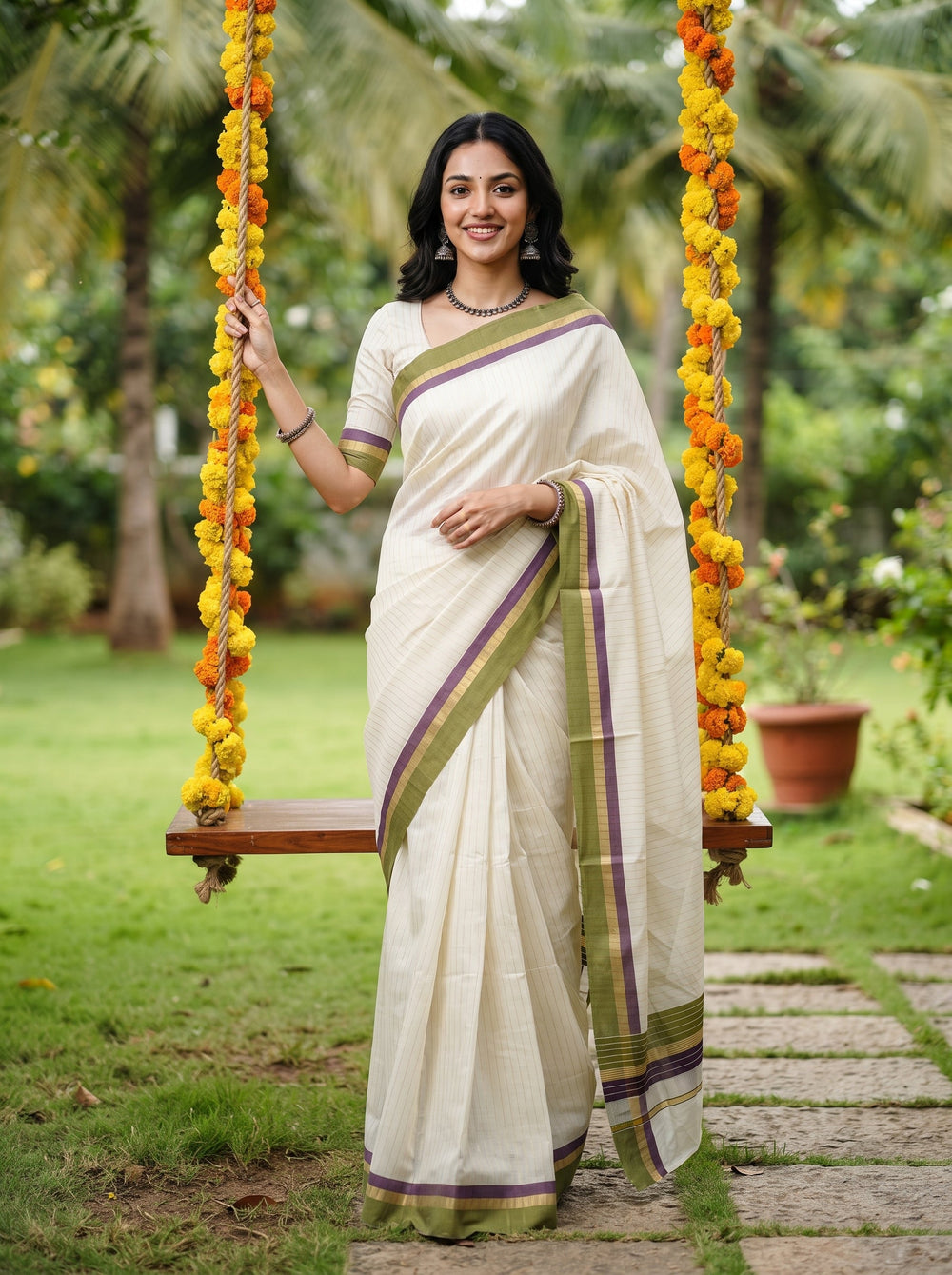 Cotton Cream Off-White Gold Pinstripe Green Purple Border Onam Kerala Saree