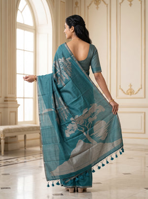 Semi Silk Teal Green Nature Print Saree with Tassels