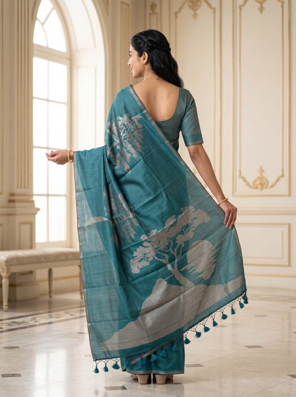 Semi Silk Teal Green Nature Print Saree with Tassels