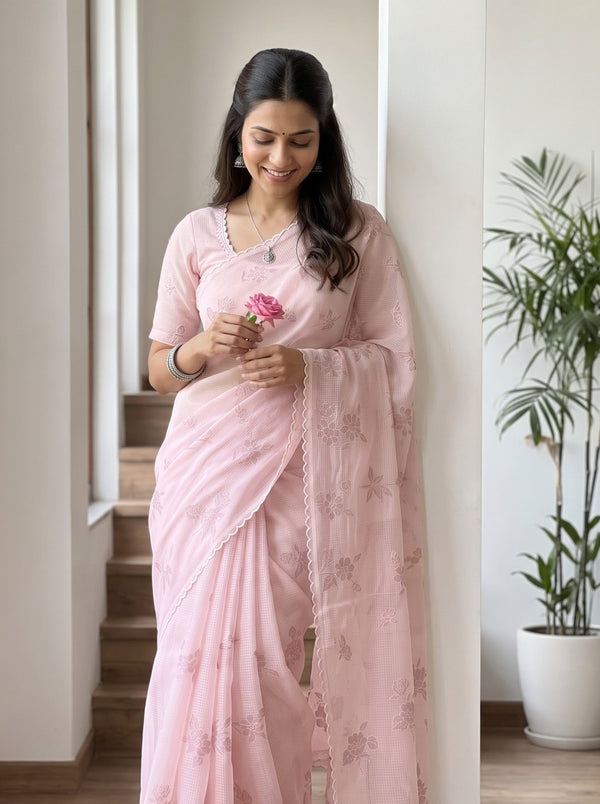 Net Kota Pink Saree with Floral Embroidery and Scalloped Border