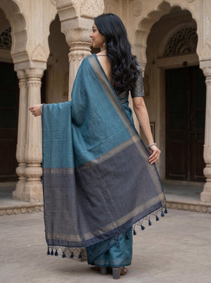 Matka Silk Sky Blue Geometric Weave Contrast Pallu Saree with Tassels