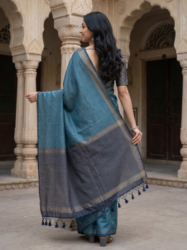 Matka Silk Sky Blue Geometric Weave Contrast Pallu Saree with Tassels