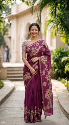 Woman in a purple saree with floral patterns standing outdoors.