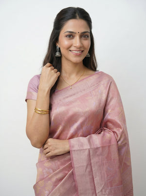 Semi Silk Dusty Pink Floral Zari Saree