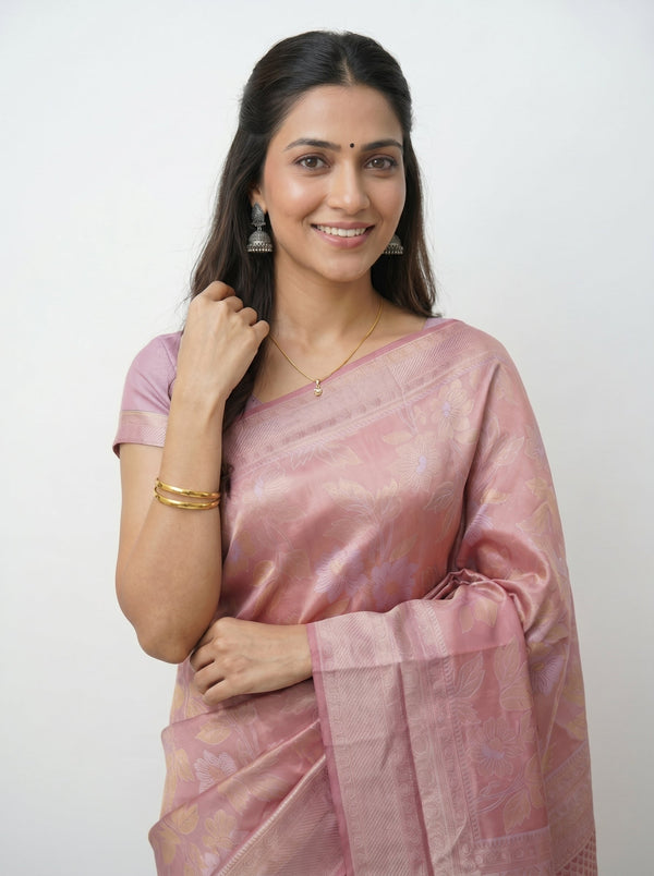 Semi Silk Dusty Pink Floral Zari Saree