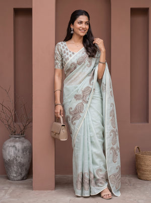 Tissue Saree in Pastel Blue with Intricate Paisley Embroidery and Sequin Detailing