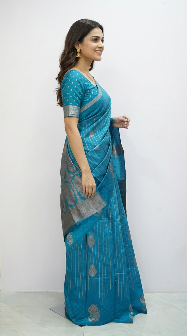 Art Silk Turquoise Blue Striped Floral Zari Saree