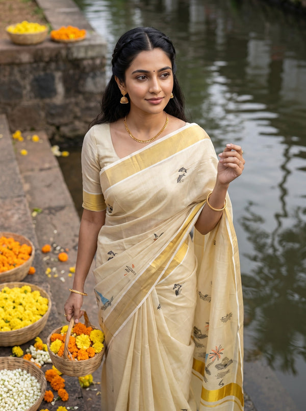Tissue Cream Golden Coconut Palm & Boat Motif with Zari Border for Onam Special Kerala Saree