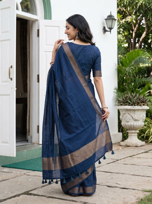 Matka Silk Navy Blue Gold Chevron Border Saree