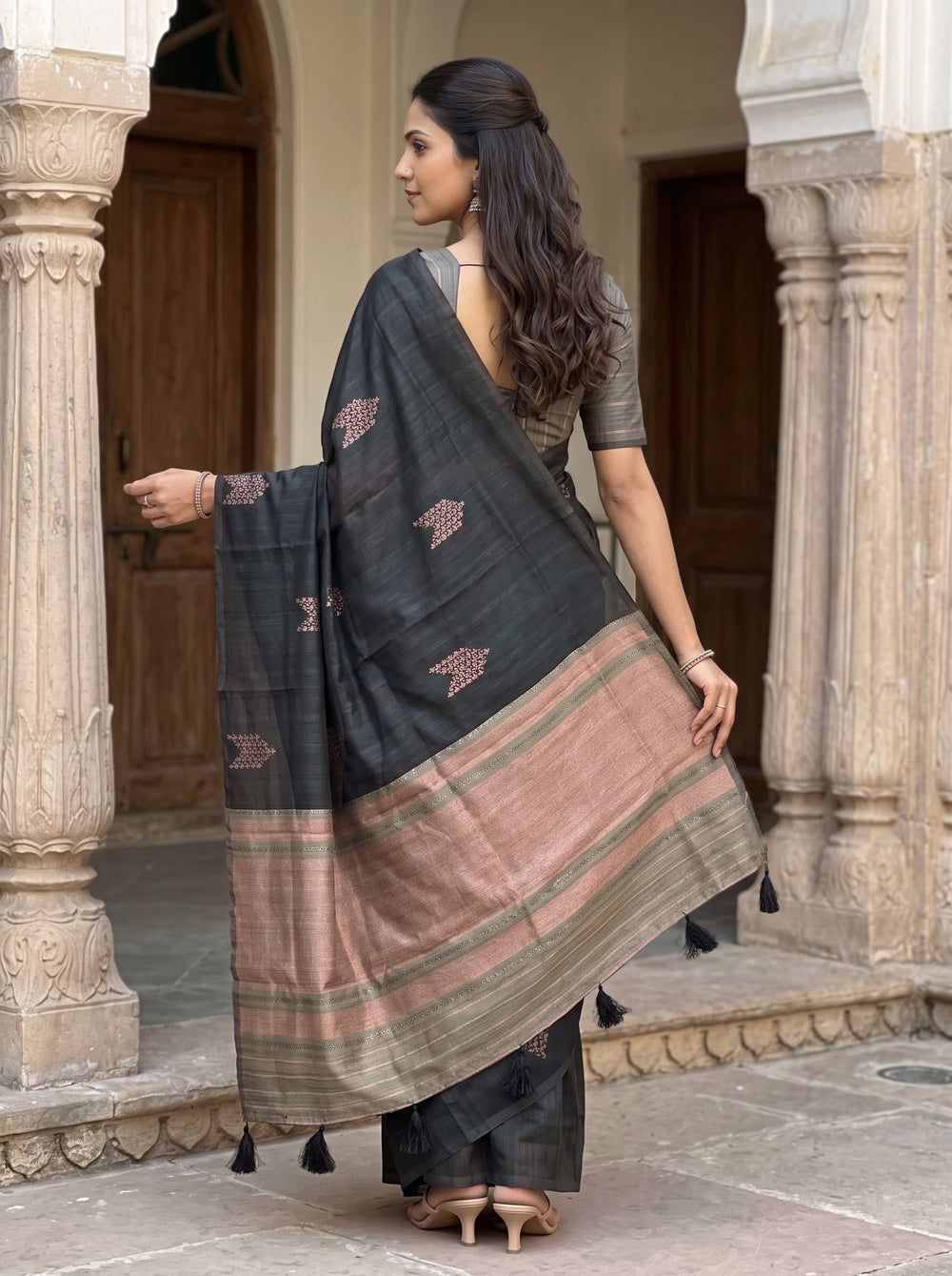 Matka Silk Black Peach Zari Arrow Butta Saree with Tassels
