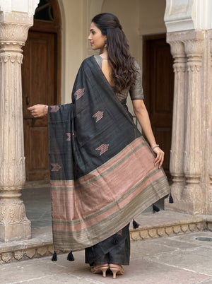 Matka Silk Black Peach Zari Arrow Butta Saree with Tassels