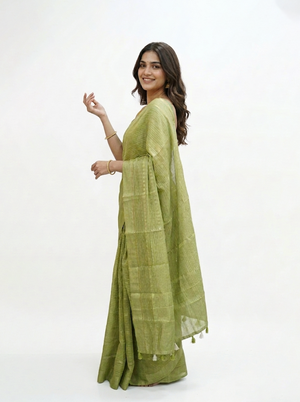 Semi Silk Pistachio Green Self Stripe Saree