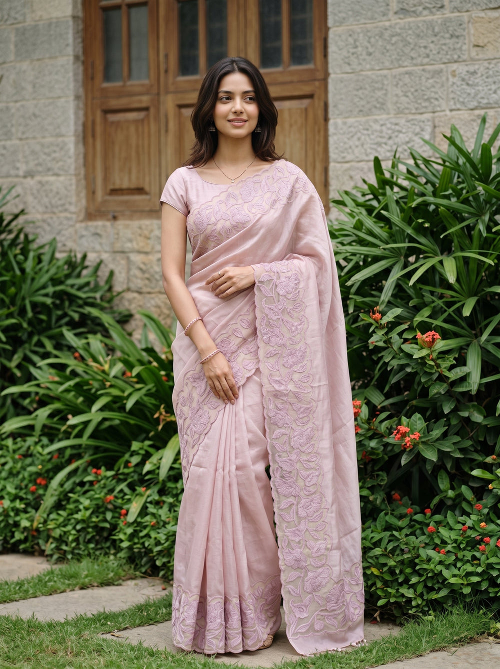 Semi Tussar Lavender Floral Vine Applique Embroidered Net Cutwork Pallu Saree with Scalloped Border