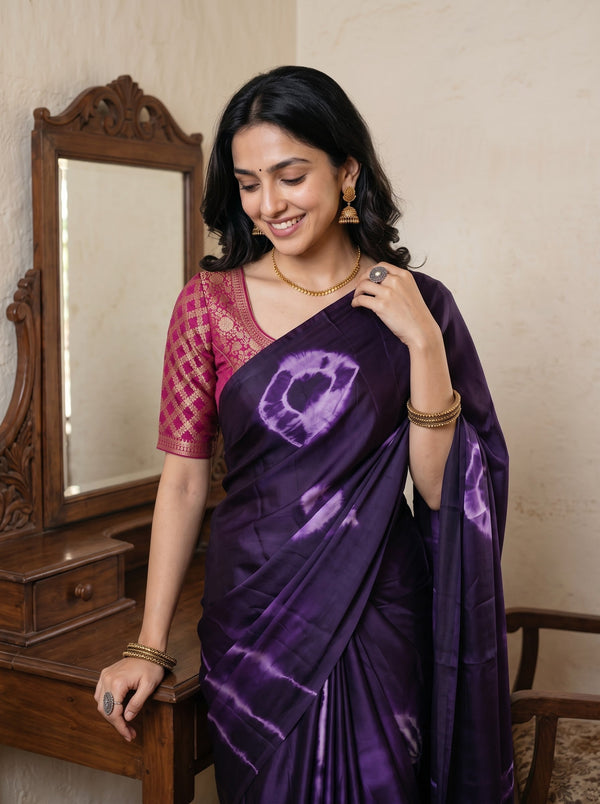Synthetic Deep Purple Tie Dye Ring Pattern Saree with Tassels