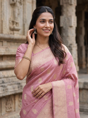 Banarasi Dusty Rose Golden Zari Floral Booti Diamond Jaal Border Saree