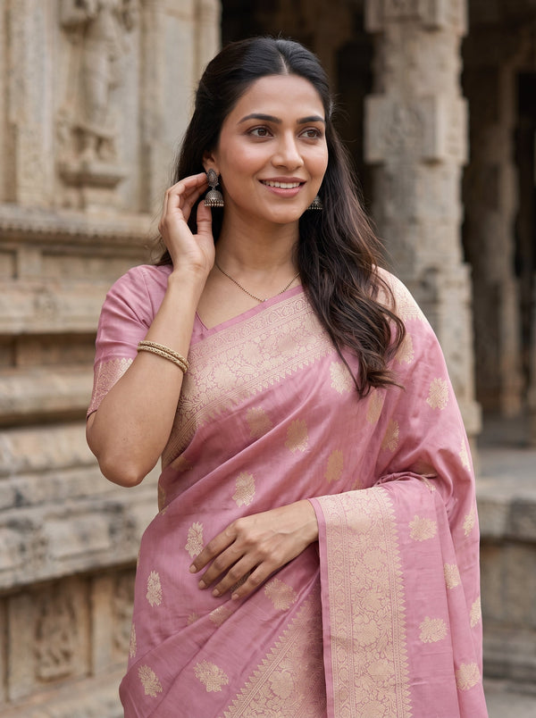Banarasi Dusty Rose Golden Zari Floral Booti Diamond Jaal Border Saree