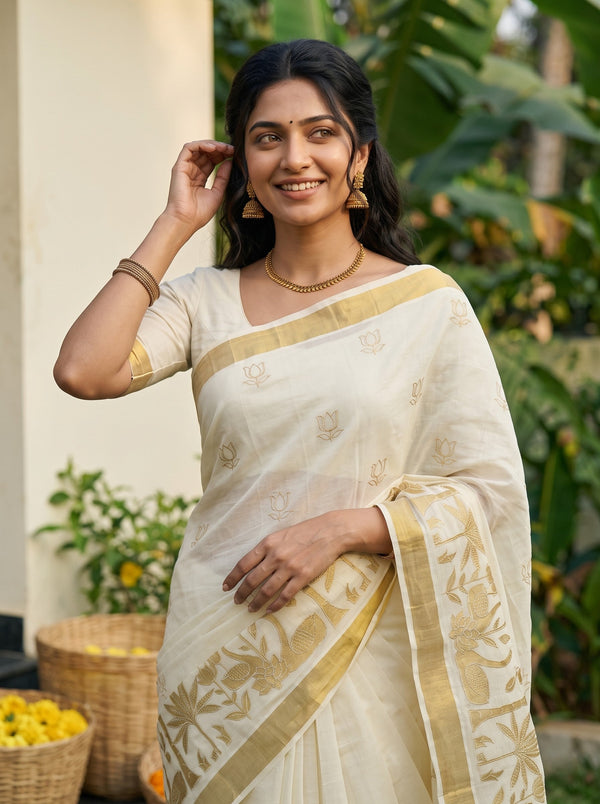 Tissue Cream Golden Lotus Butti Print Onam Special Kerala Saree with Coconut Palm Pallu