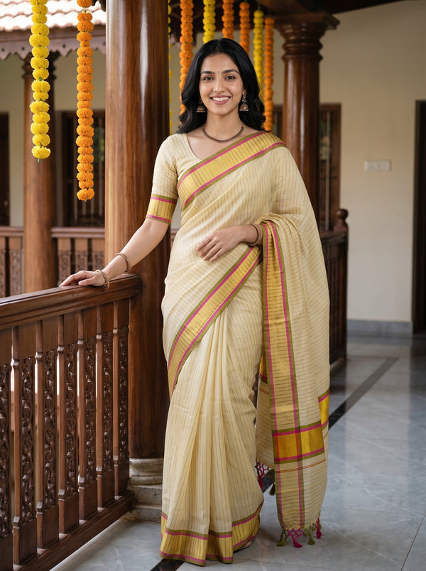 Tissue Pale Yellow Gold Pinstripe Saree with Multicolor Border Onam Special Kerala Saree