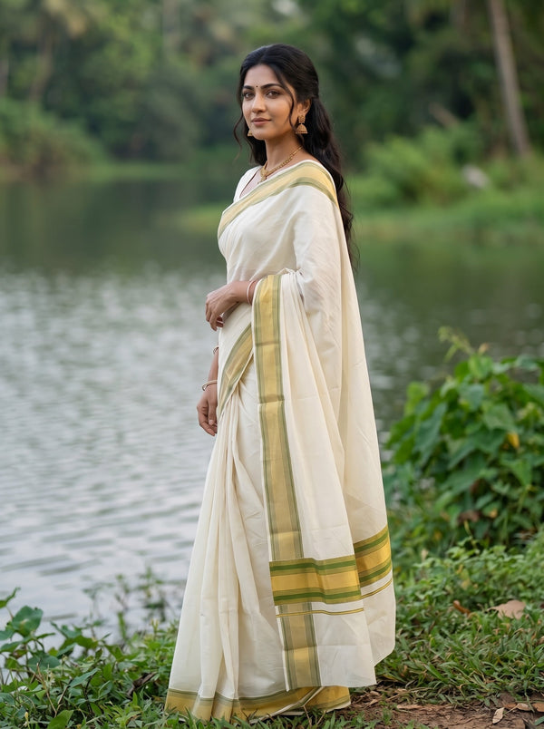 Cotton Cream Gold Green Striped Border Onam Special Kerala Saree