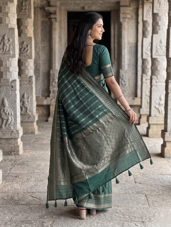Semi Silk Bottle Green Silver Zari Rosette Mesh Saree with Tassels