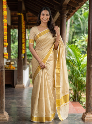Tissue Cream Gold Pinstripe Onam Special Kerala Saree