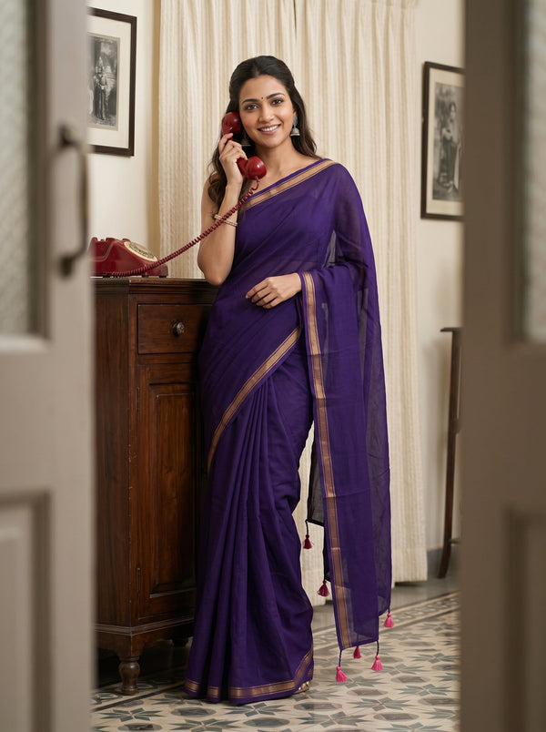 Mul Mul Cotton Deep Violet Purple Plain Saree with Golden Zari Border