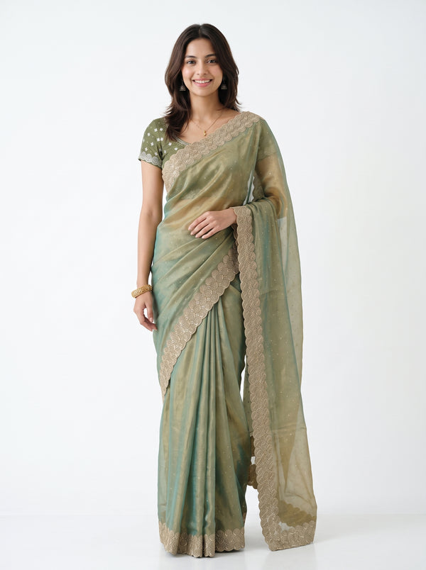 Shimmer Organza Sage Green Stone Studded Saree with Zari Scalloped Border