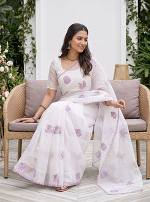 Organza White Mauve Pink Floral Sprig Scalloped Border