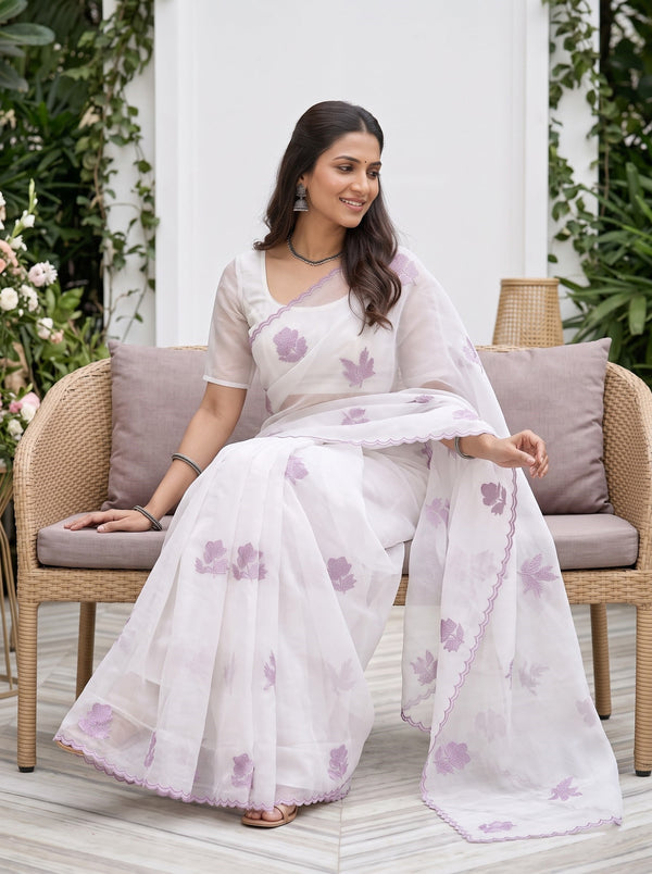 Organza White Mauve Pink Floral Sprig Scalloped Border