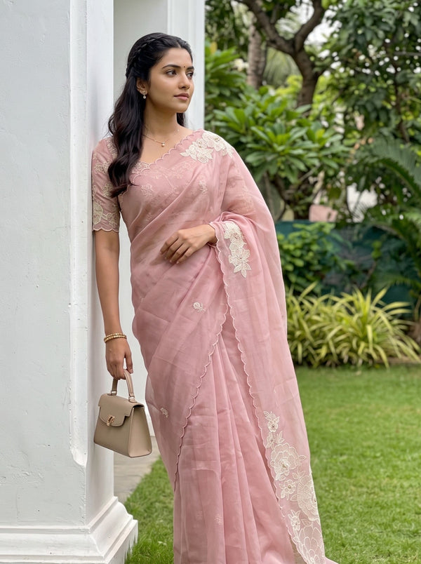 Organza Baby Pink Cutwork Floral Applique 3D Rose Pearl Pallu Saree