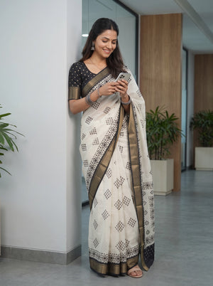 Semi Chanderi Silk White Saree with Black Diamond Floral Block Print