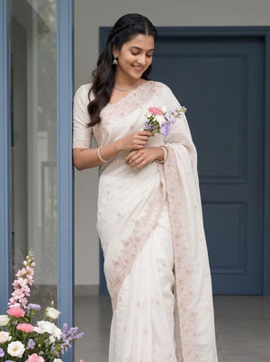 Organza Off White Blush Pink Floral Butta Sequin Embroidered Border Saree