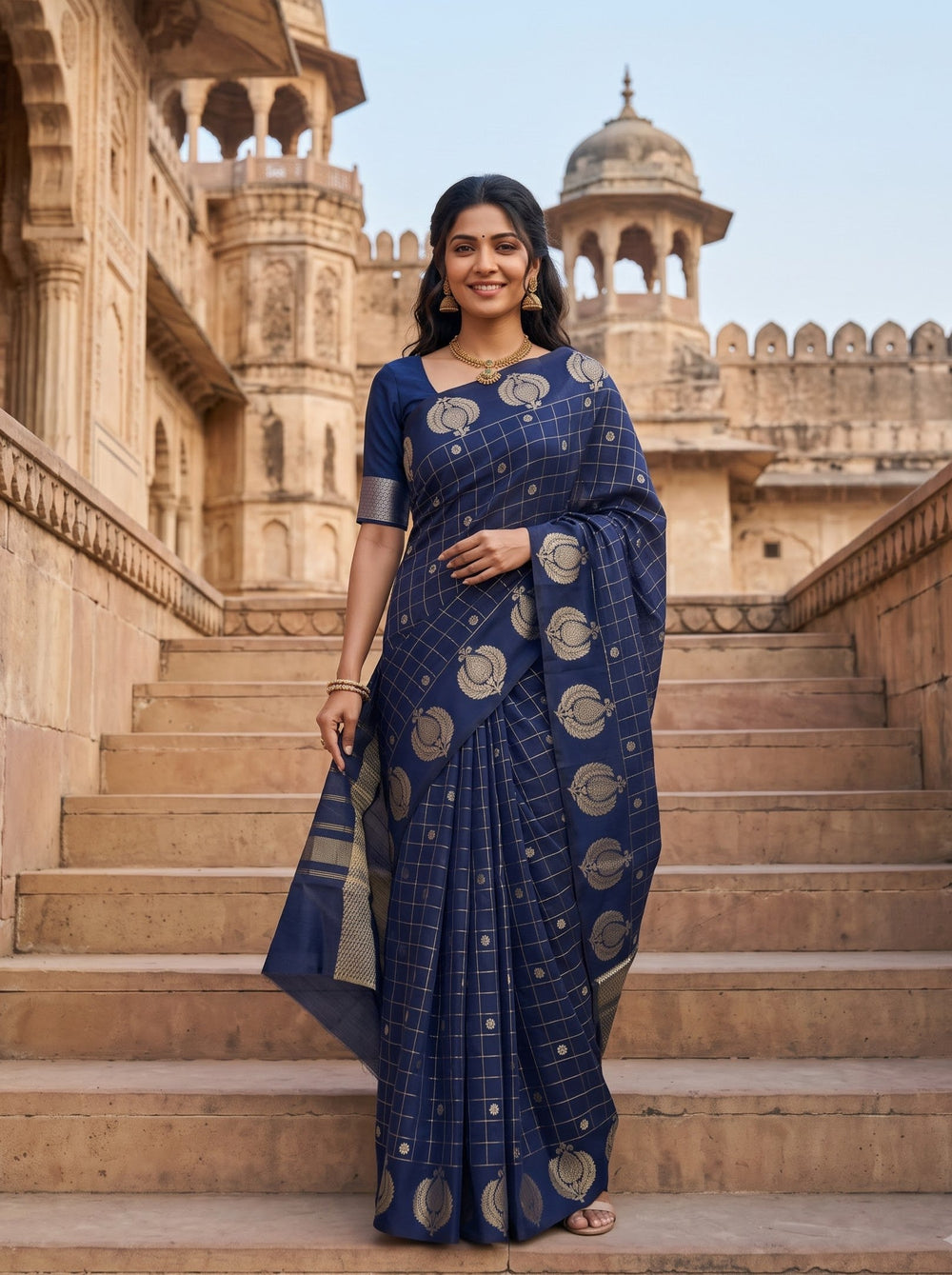 Semi Silk Navy Blue Self Check Golden Zari Booti Saree with Striped Pallu