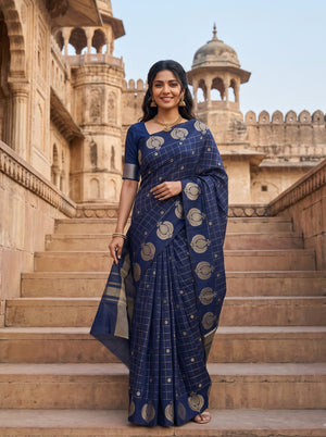 Semi Silk Navy Blue Self Check Golden Zari Booti Saree with Striped Pallu