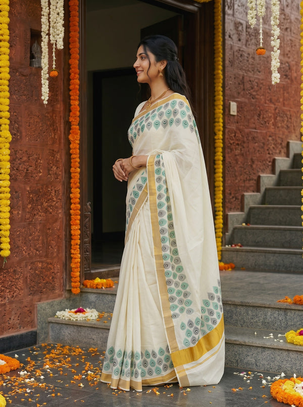 Cotton Cream Green Peacock Eye Motif Border with Golden Zari Border Onam Special Kerala Saree