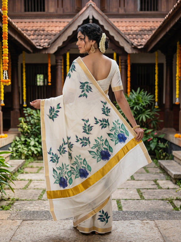 A woman wearing a white cotton saree with green and blue floral embroidery and a gold border, standing in a courtyard with a traditional wooden house in the background.