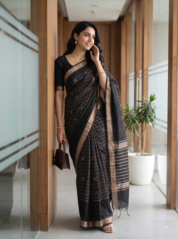 Chanderi Cotton Black Check Weave Saree with Silver Zari Striped Pallu