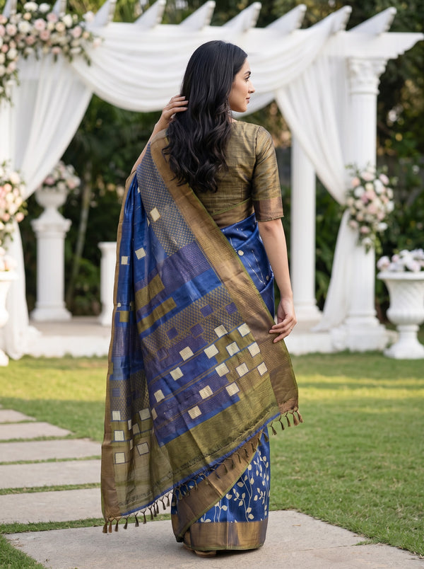 Tussar Silk Royal Blue Saree with Geometric Checks Printed Pallu