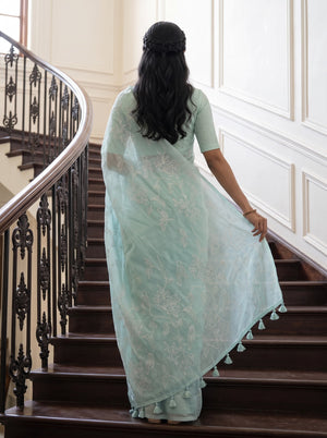 Organza Sky Blue Rose & Bird Embroidered Saree