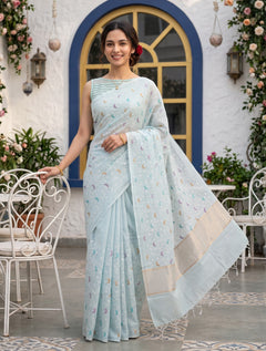 Mul Chanderi Silk Light Blue White Floral Vine Multicolor Dot Motif Pallu Saree