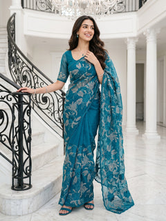 Organza Peacock Blue Allover Golden Thread Floral Bouquet Embroidered Scalloped Edge Saree