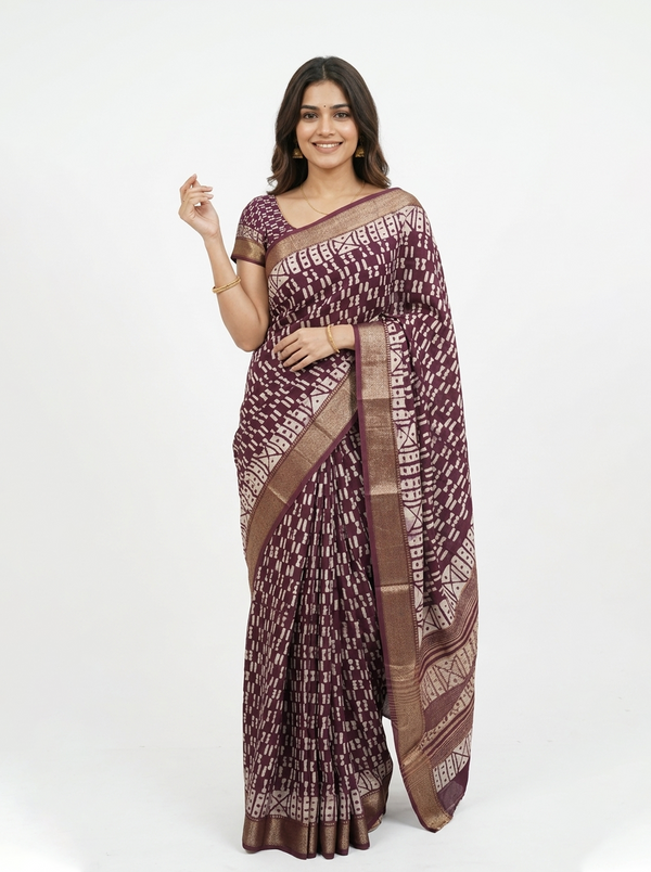 Soft Cotton Wine Maroon Tribal Print Saree with Zari Geometric Border